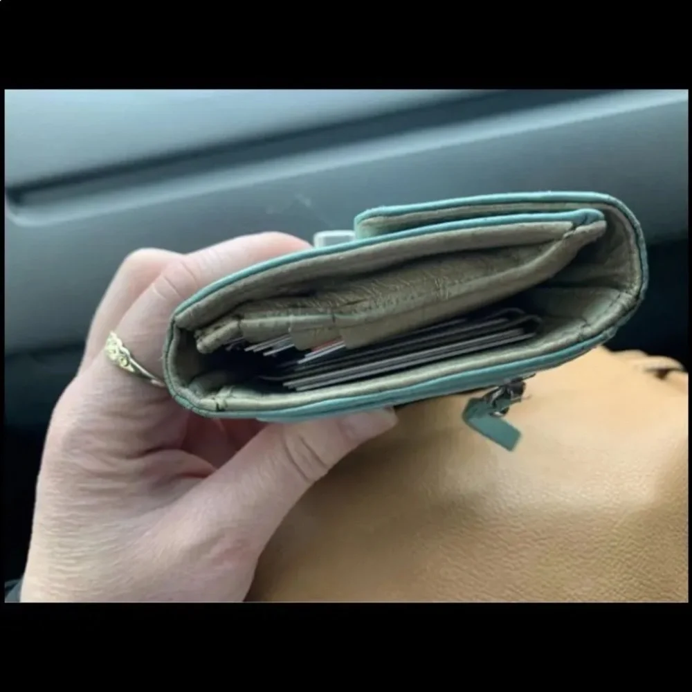 Mimco Patent Leather Turn Lock Folding Wallet Mint Green - Picture 6 of 6